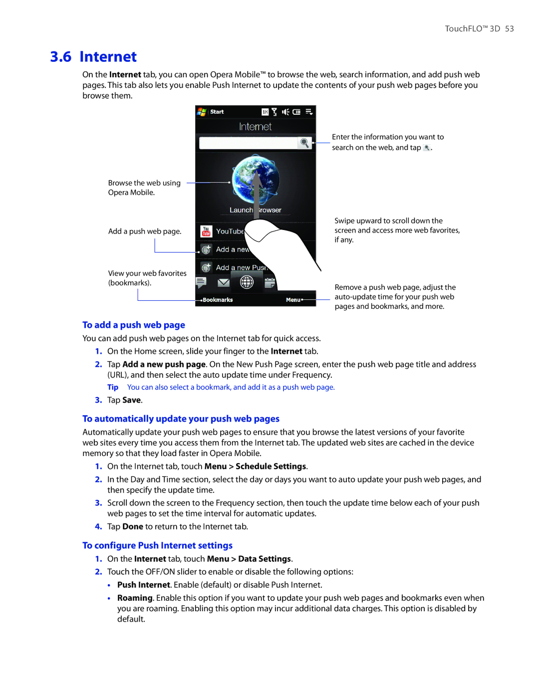 HTC 2 user manual To add a push web, To automatically update your push web pages, To configure Push Internet settings 