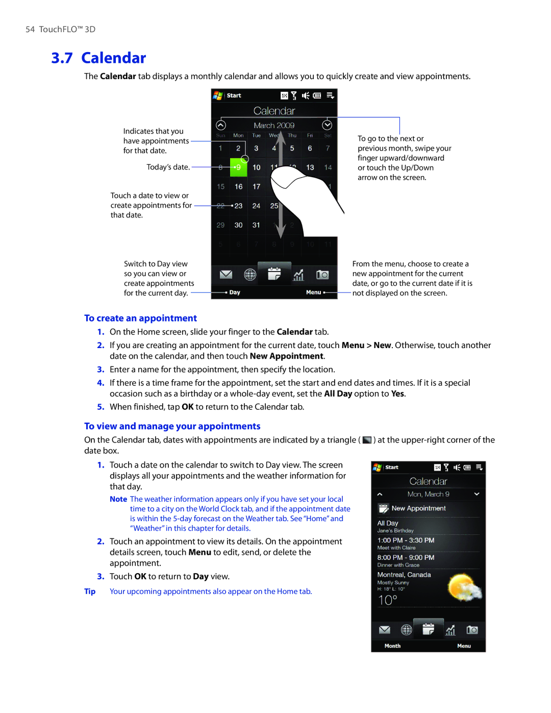 HTC 2 user manual Calendar, To create an appointment, To view and manage your appointments 