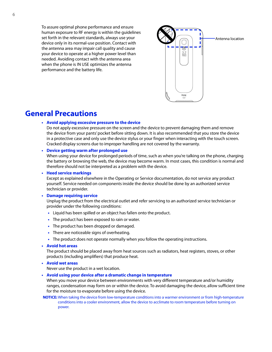 HTC 2 user manual General Precautions, Never use the product in a wet location 