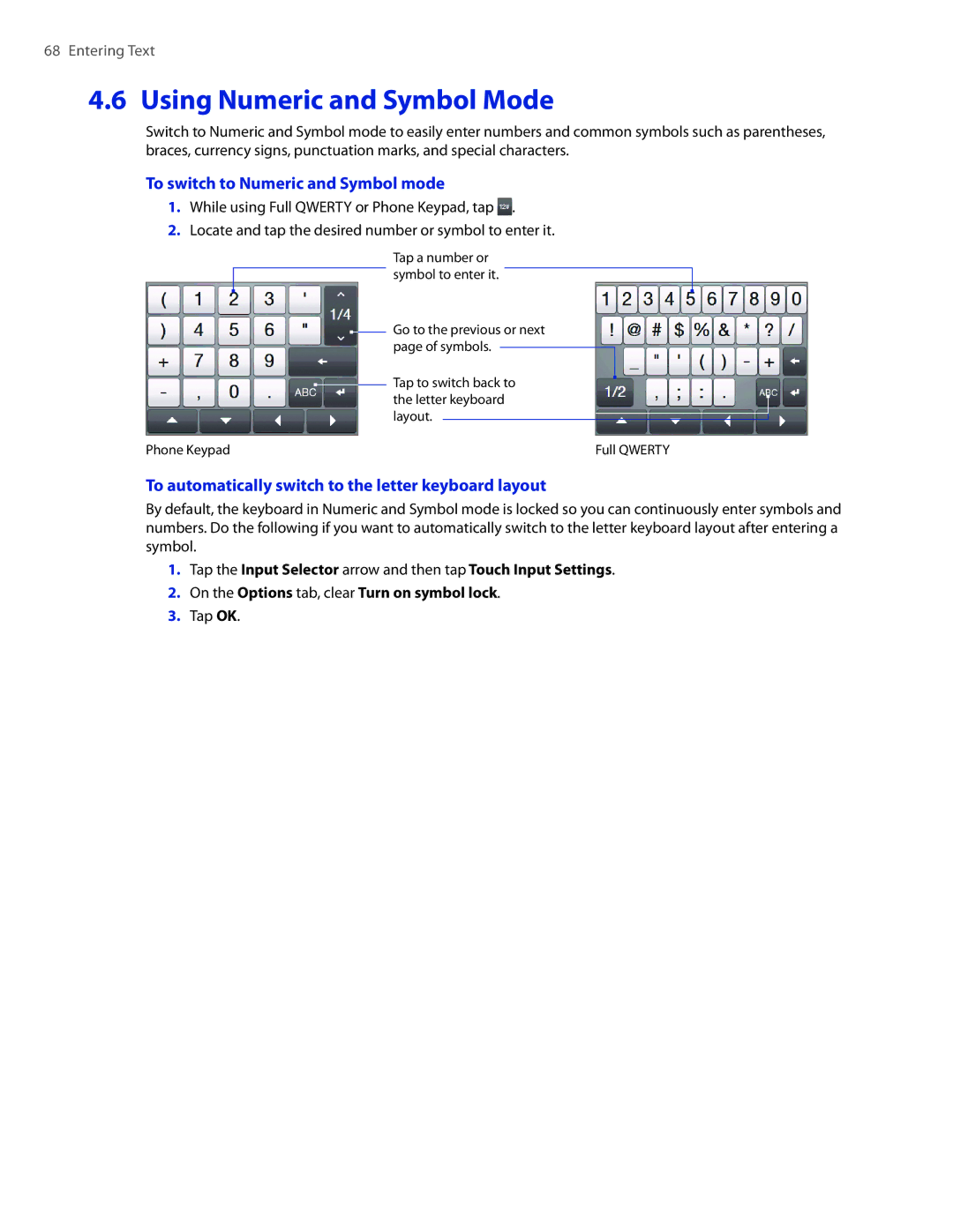 HTC 2 user manual Using Numeric and Symbol Mode, To switch to Numeric and Symbol mode 