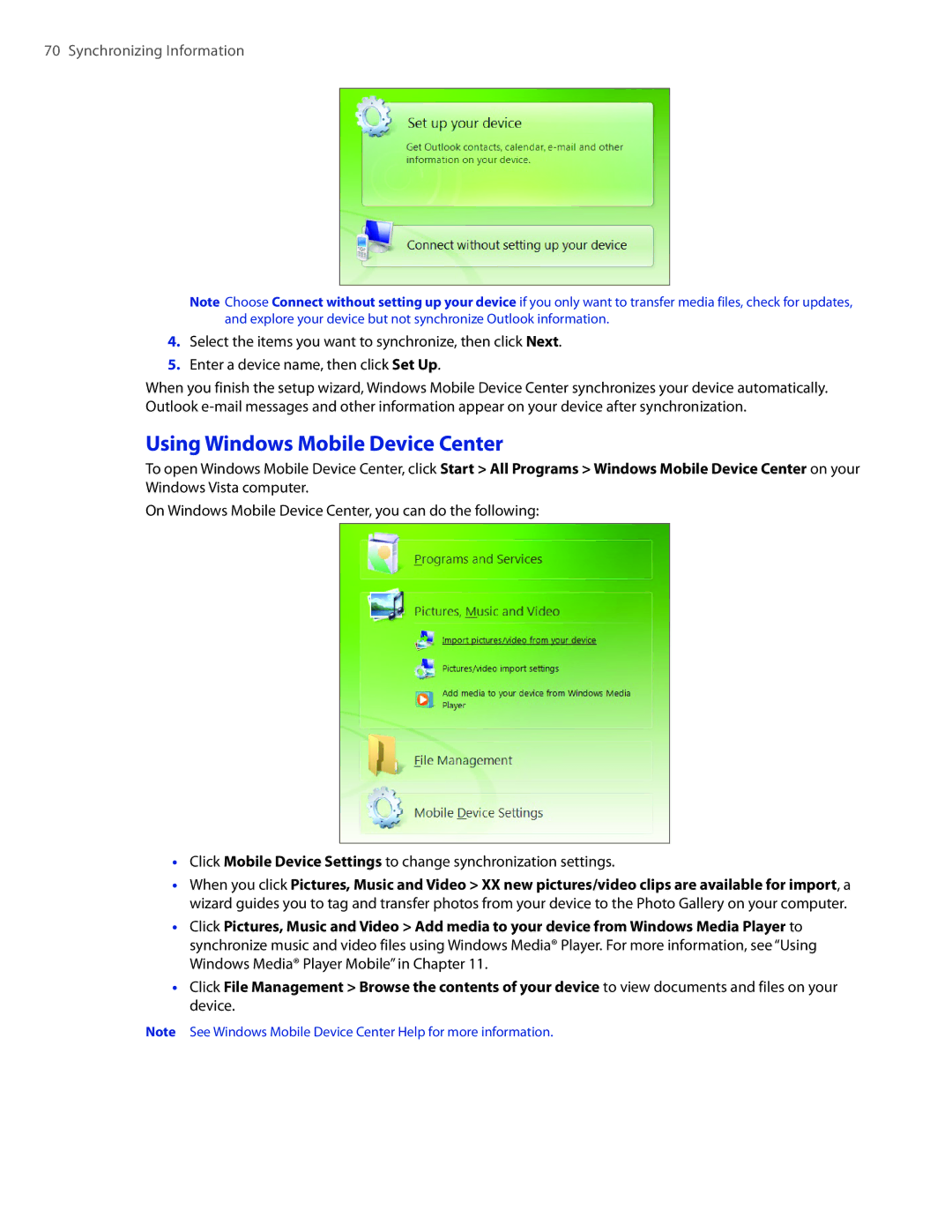 HTC 2 user manual Using Windows Mobile Device Center, Synchronizing Information 