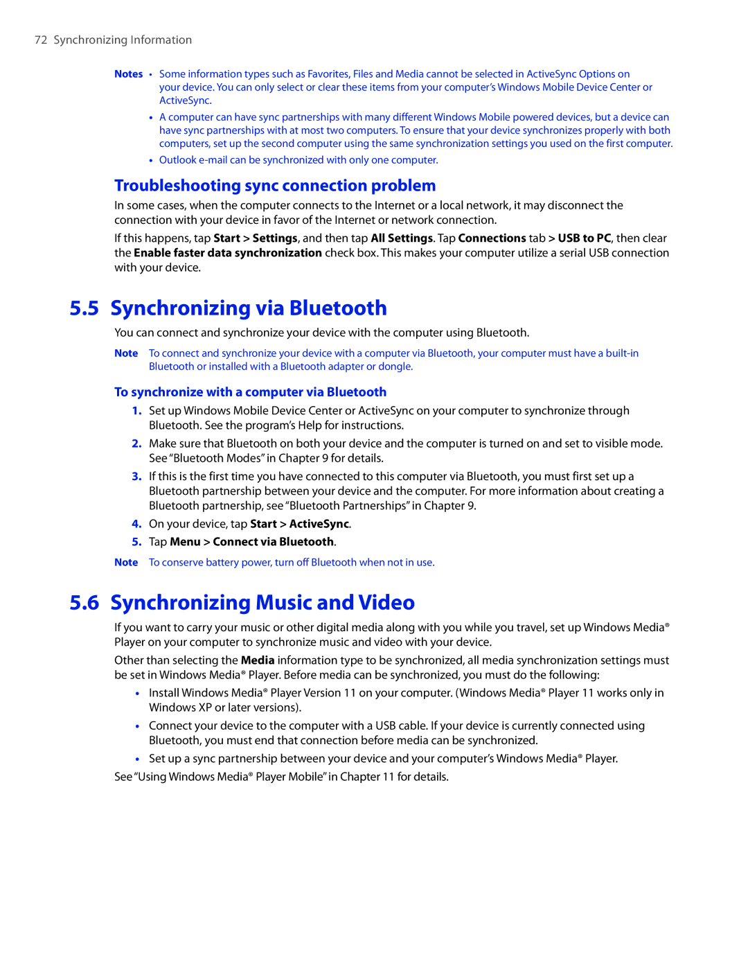 HTC 2 user manual Synchronizing via Bluetooth, Synchronizing Music and Video, Troubleshooting sync connection problem 