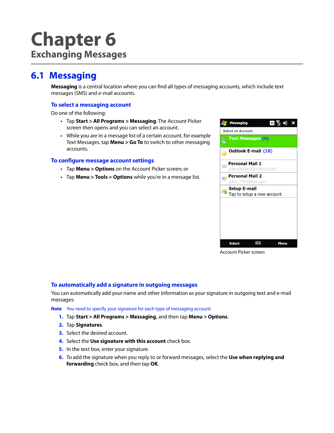 HTC 2 user manual Exchanging Messages, Messaging, To select a messaging account, To configure message account settings 