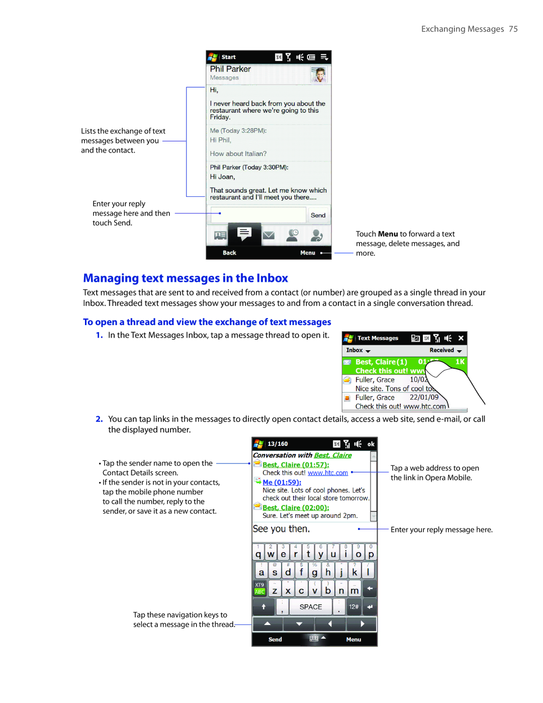 HTC 2 user manual Managing text messages in the Inbox, To open a thread and view the exchange of text messages 