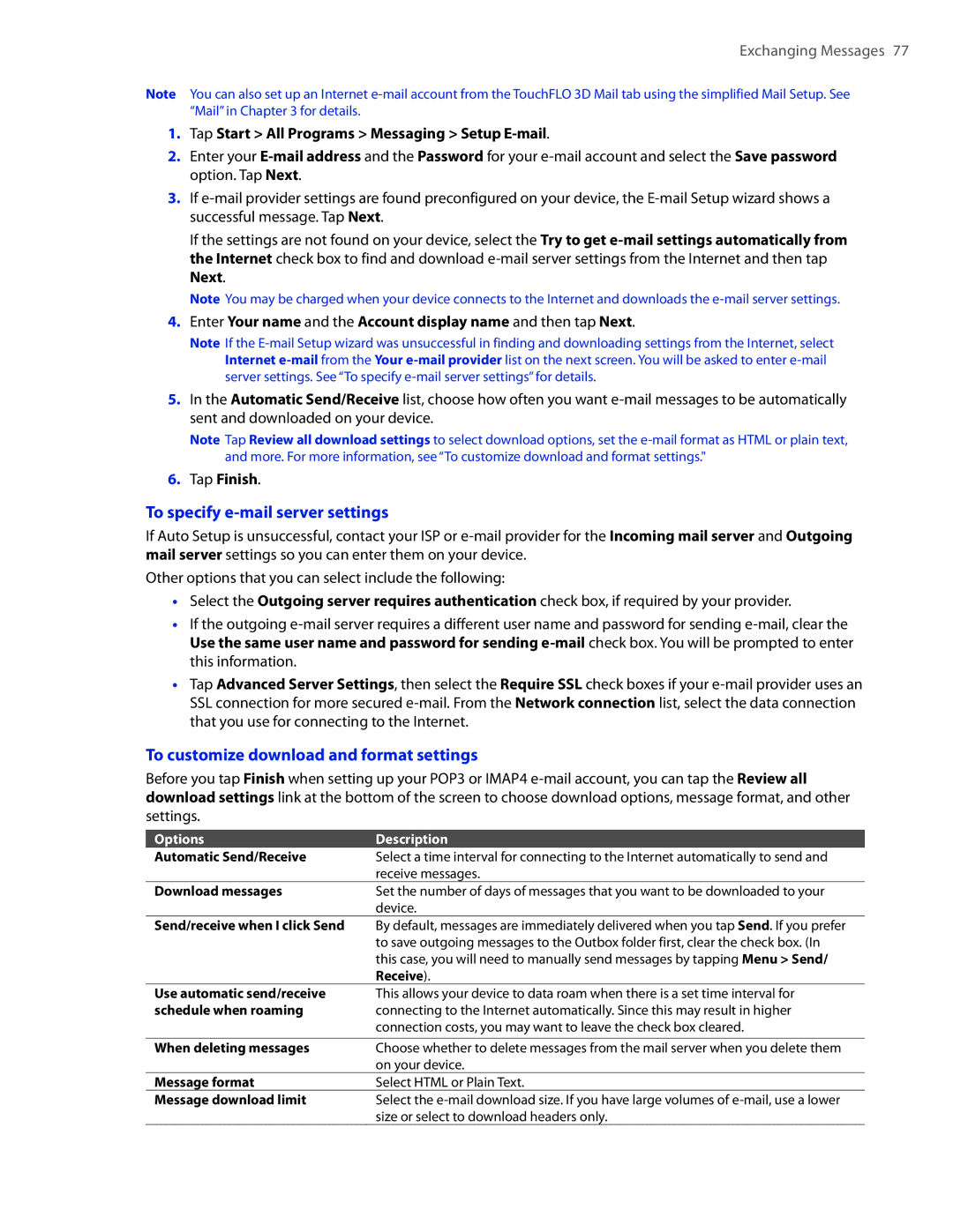 HTC 2 user manual To specify e-mail server settings, To customize download and format settings, Tap Finish 