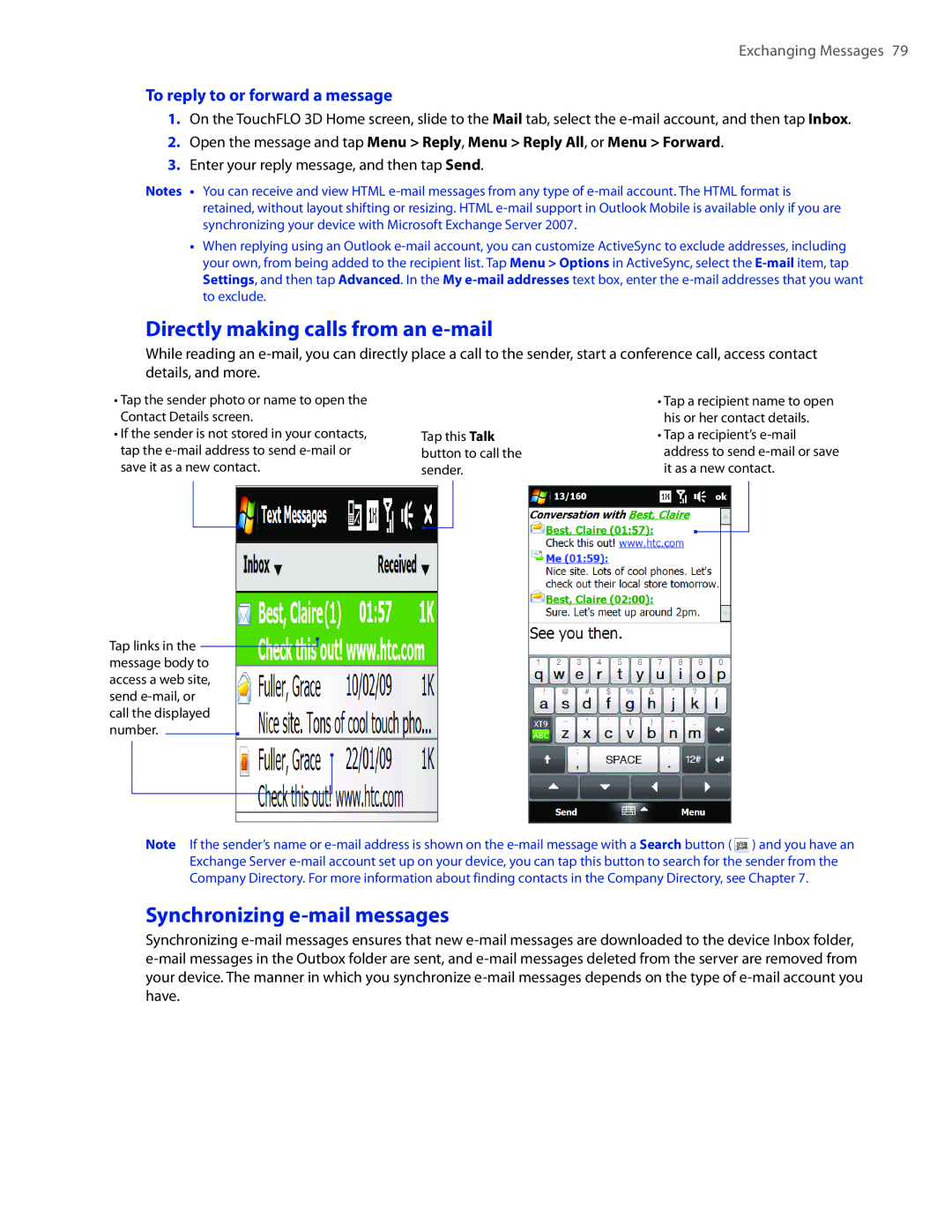 HTC 2 user manual Directly making calls from an e-mail, Synchronizing e-mail messages, To reply to or forward a message 