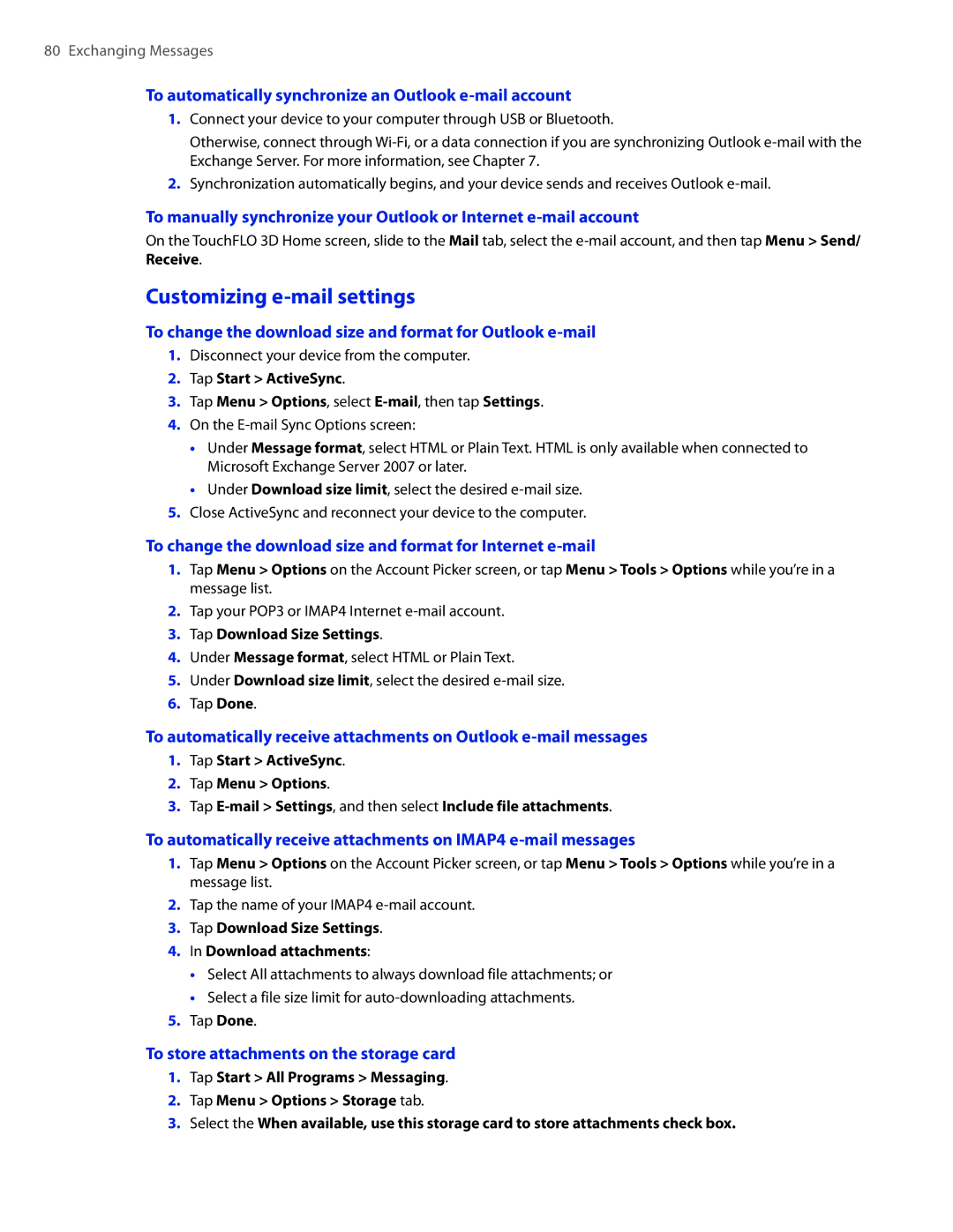 HTC 2 user manual Customizing e-mail settings, To automatically synchronize an Outlook e-mail account 