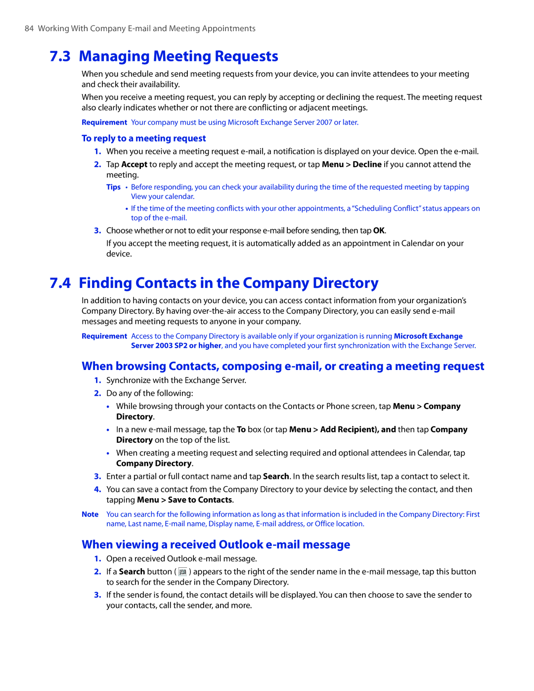 HTC 2 Managing Meeting Requests, Finding Contacts in the Company Directory, When viewing a received Outlook e-mail message 