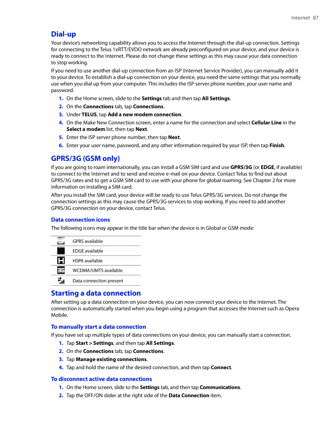 HTC 2 user manual Dial-up, GPRS/3G GSM only, Starting a data connection 