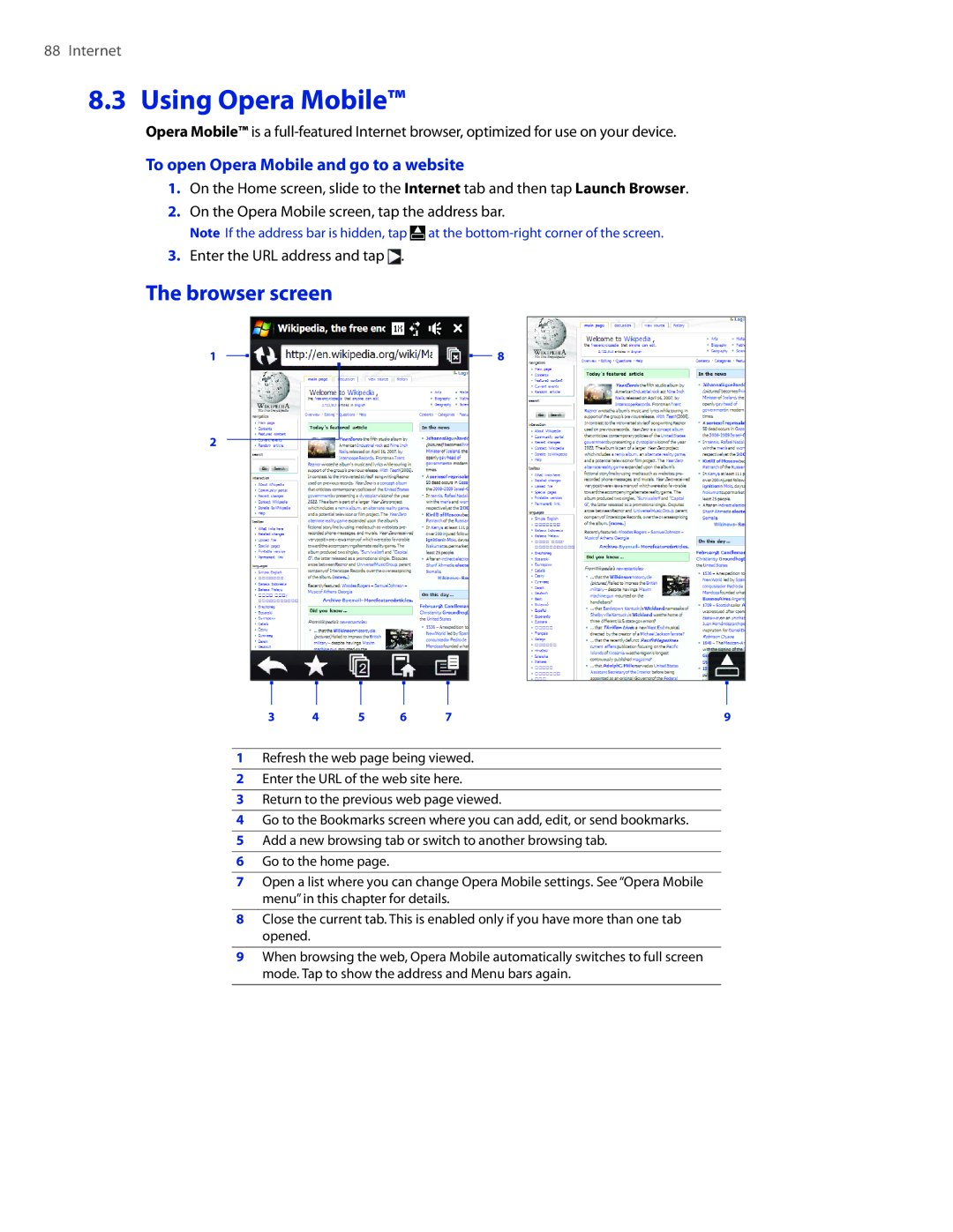 HTC 2 user manual Using Opera Mobile, Browser screen, To open Opera Mobile and go to a website 