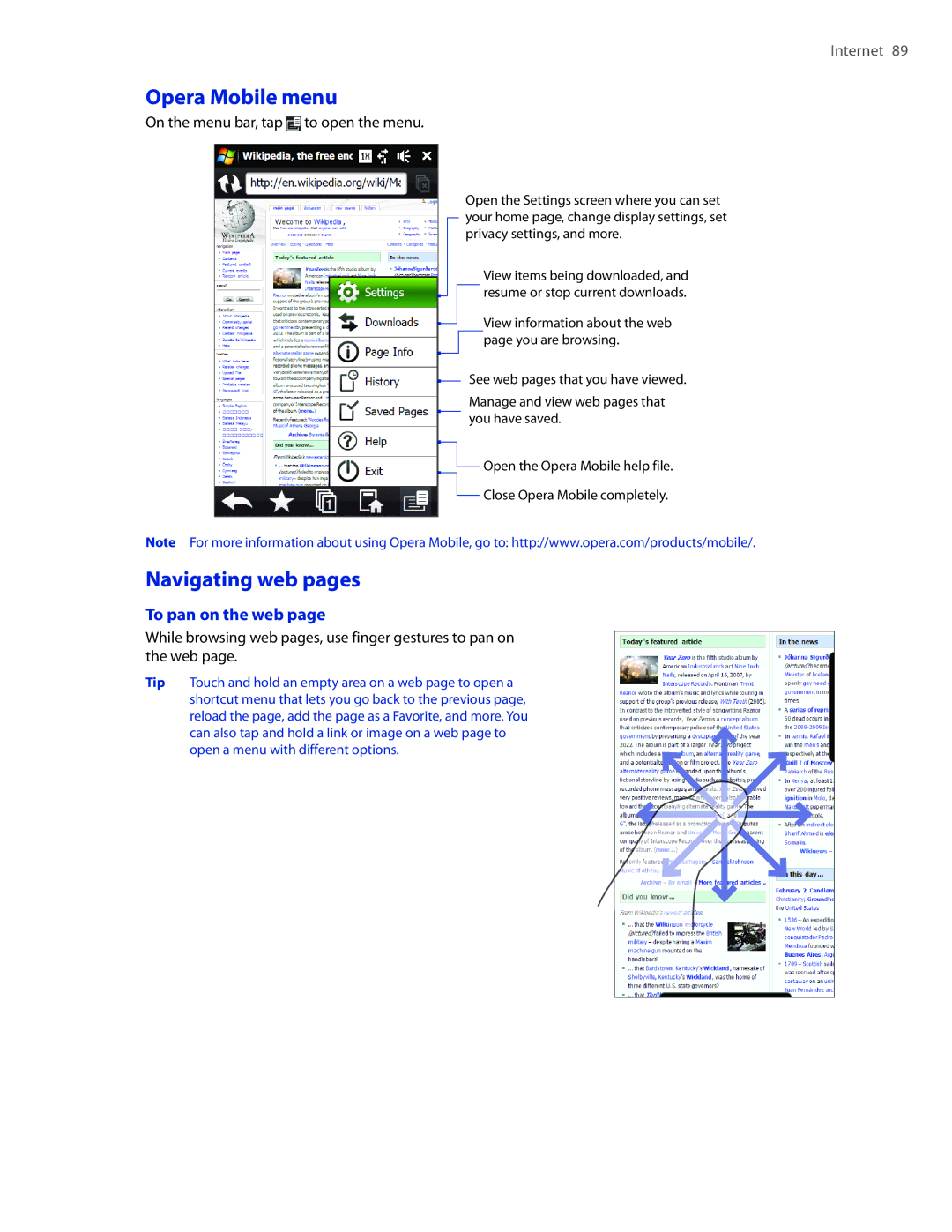 HTC 2 user manual Opera Mobile menu, Navigating web pages, To pan on the web, On the menu bar, tap to open the menu 