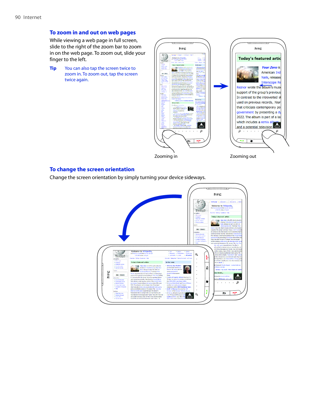 HTC 2 user manual To zoom in and out on web pages, To change the screen orientation 