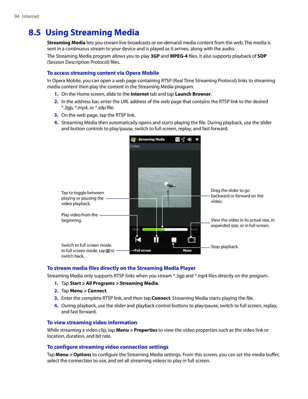 HTC 2 user manual Using Streaming Media, To access streaming content via Opera Mobile, To view streaming video information 