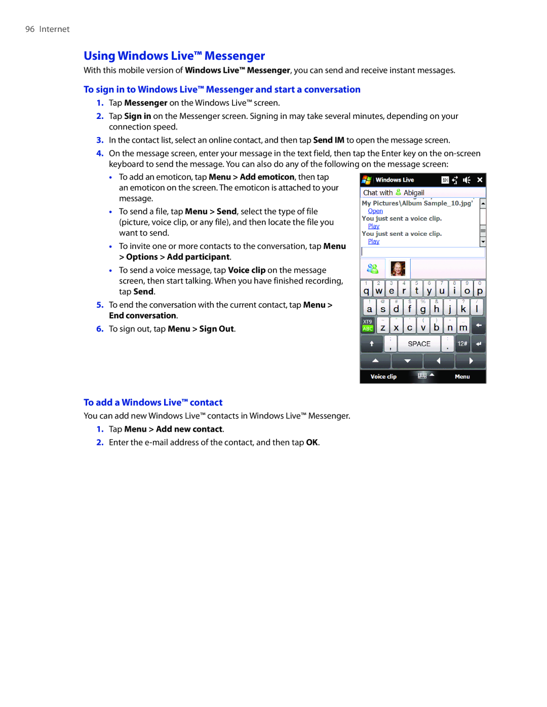 HTC 2 user manual Using Windows Live Messenger, To add a Windows Live contact, Tap Menu Add new contact 