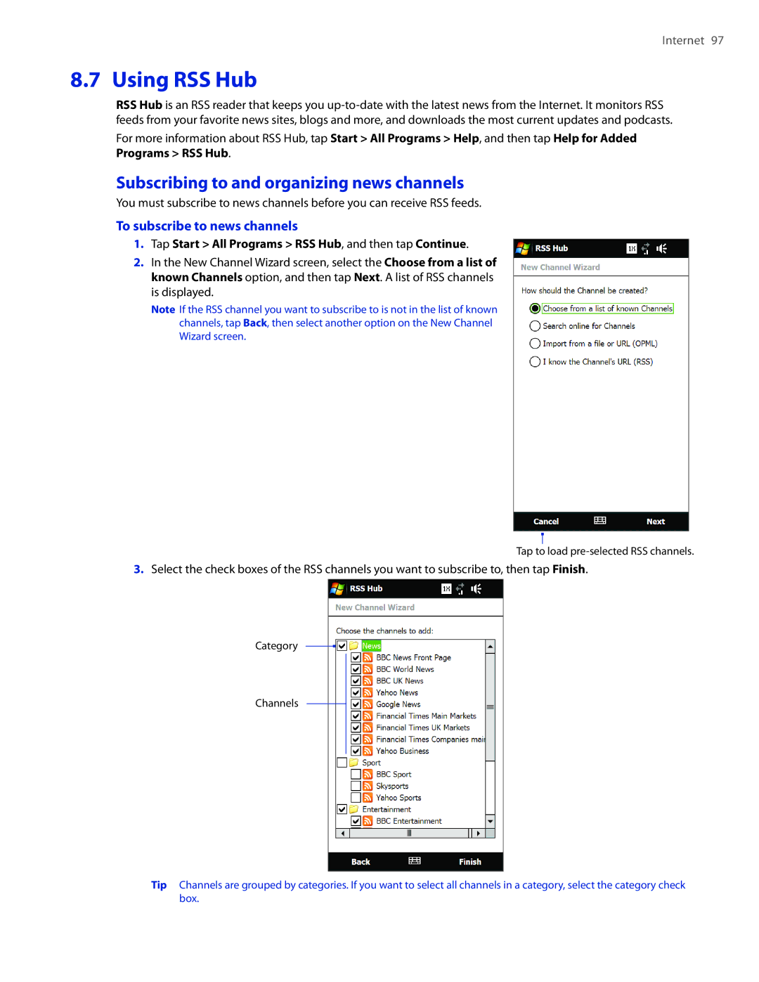 HTC 2 user manual Using RSS Hub, Subscribing to and organizing news channels, To subscribe to news channels 