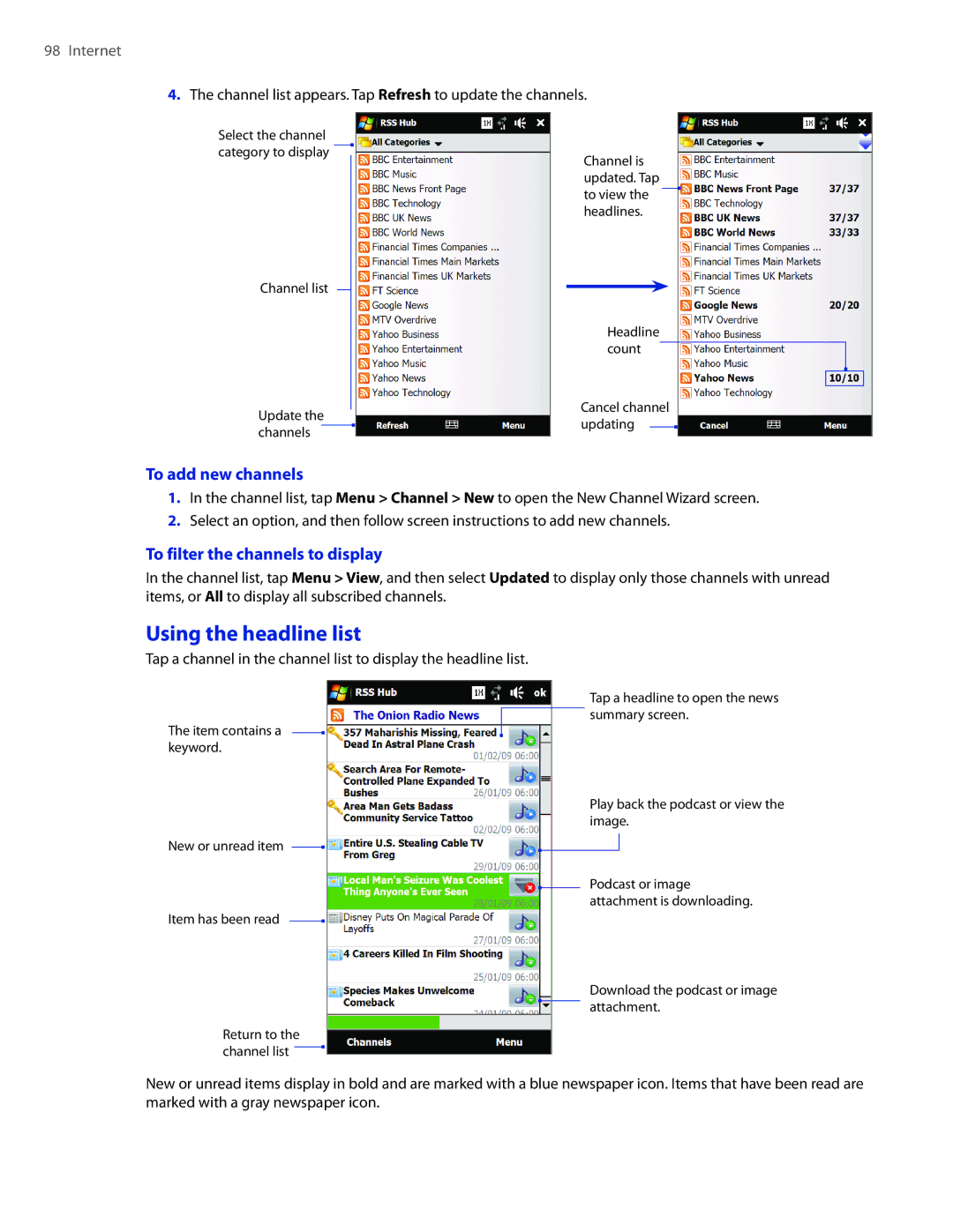 HTC 2 user manual Using the headline list, To add new channels, To filter the channels to display 