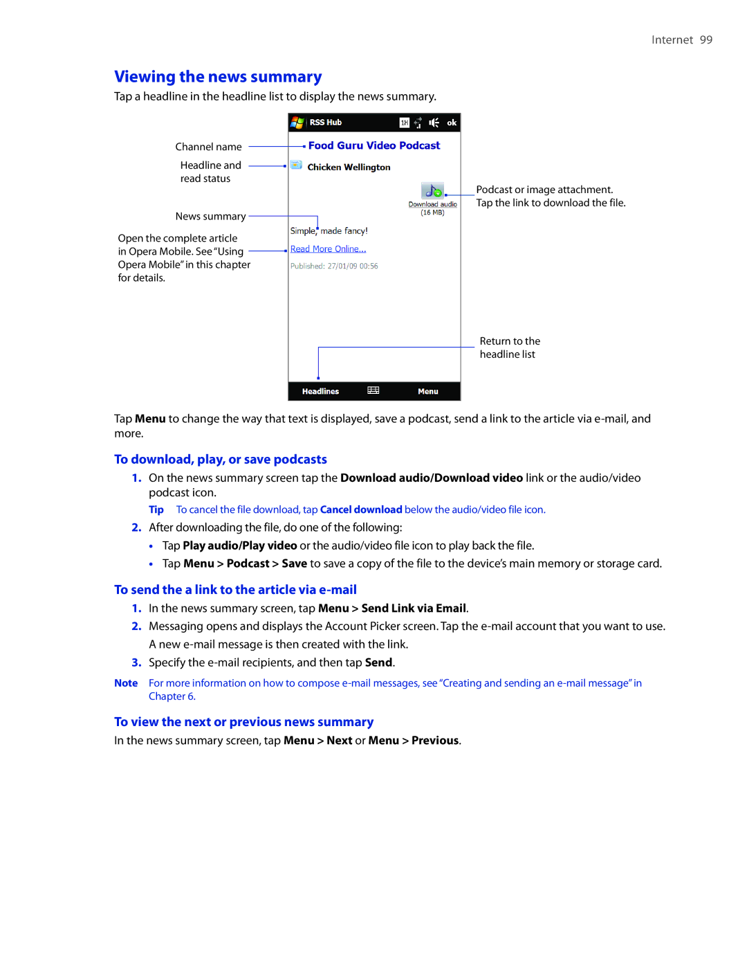 HTC 2 Viewing the news summary, To download, play, or save podcasts, To send the a link to the article via e-mail 