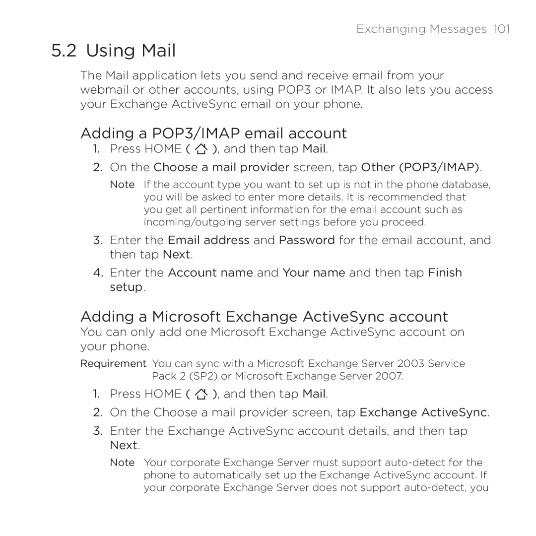 HTC 200 manual Using Mail, Adding a POP3/IMAP email account, Adding a Microsoft Exchange ActiveSync account 