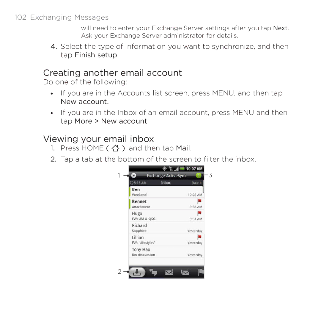 HTC 200 manual Creating another email account, Viewing your email inbox 