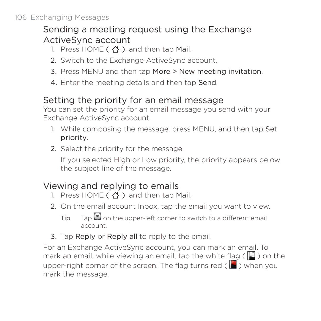 HTC 200 manual Setting the priority for an email message, Viewing and replying to emails 