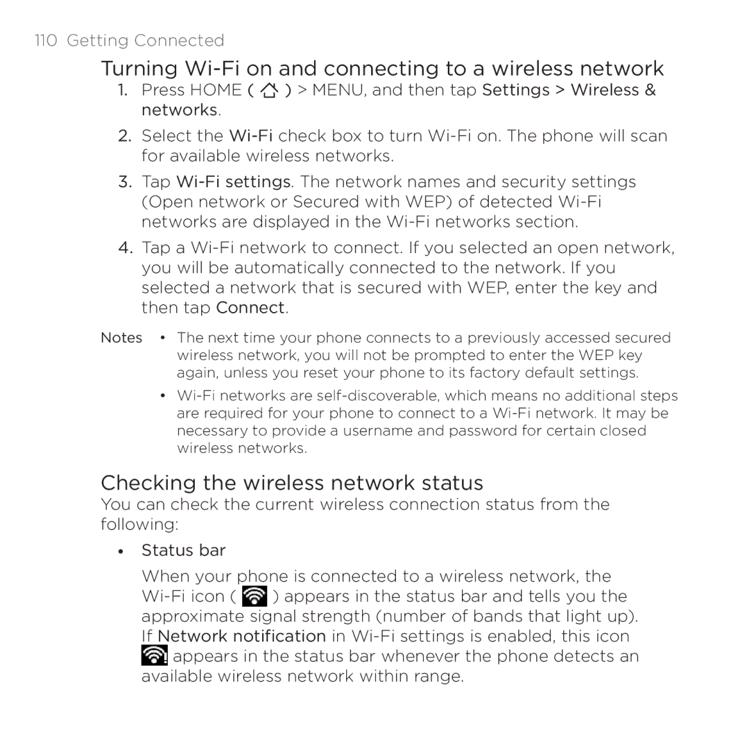 HTC 200 Turning Wi-Fi on and connecting to a wireless network, Checking the wireless network status, Getting Connected 