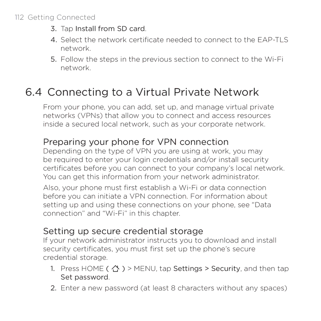 HTC 200 manual Connecting to a Virtual Private Network, Preparing your phone for VPN connection 