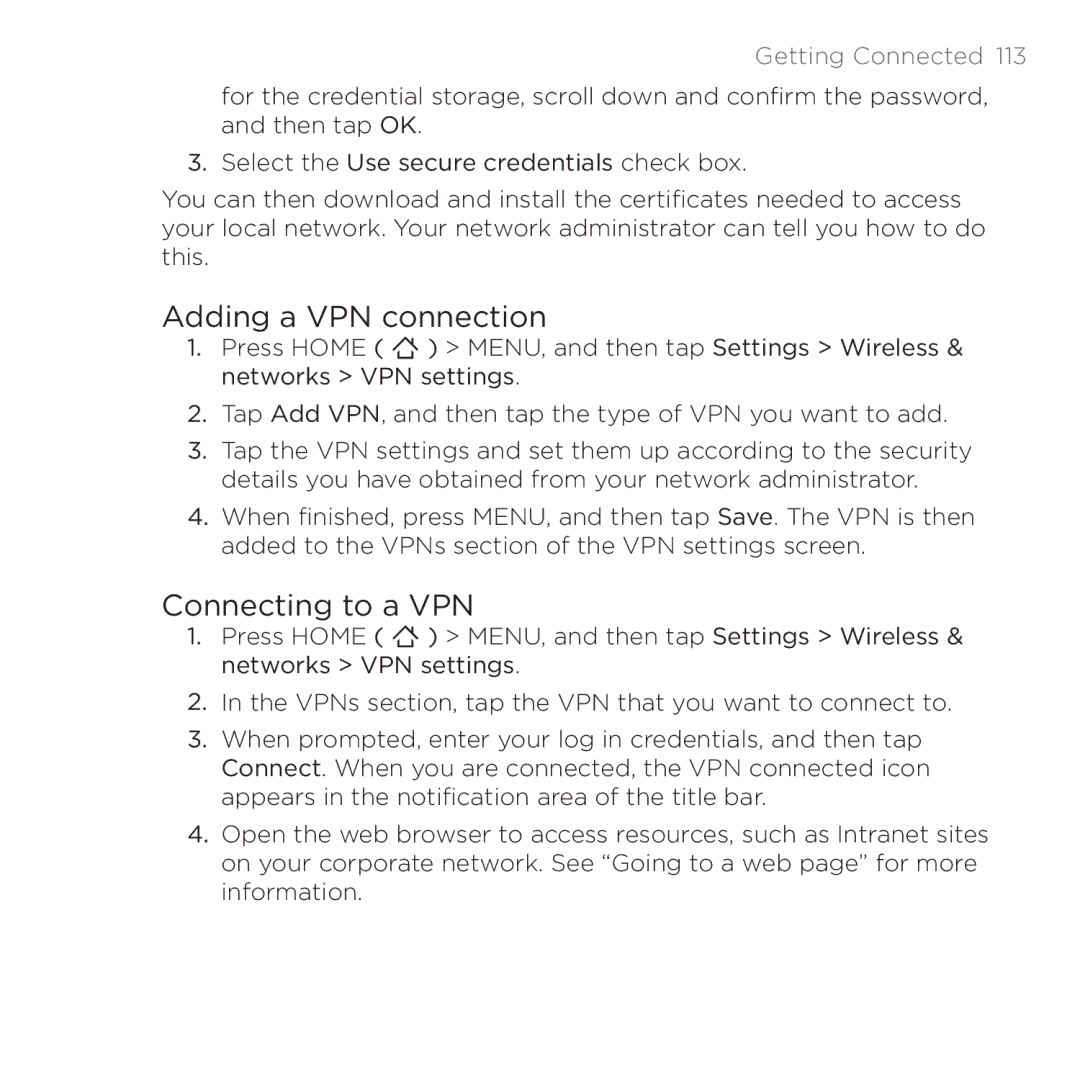 HTC 200 manual Adding a VPN connection, Connecting to a VPN 