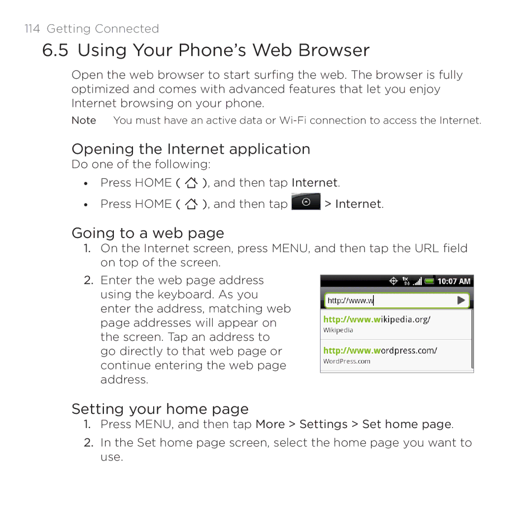 HTC 200 manual Using Your Phone’s Web Browser, Opening the Internet application, Going to a web, Setting your home 