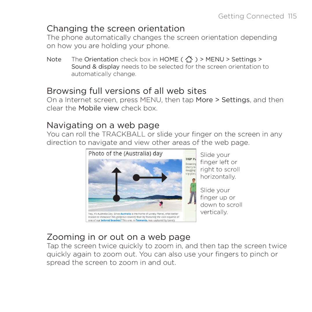 HTC 200 manual Changing the screen orientation, Browsing full versions of all web sites, Navigating on a web 