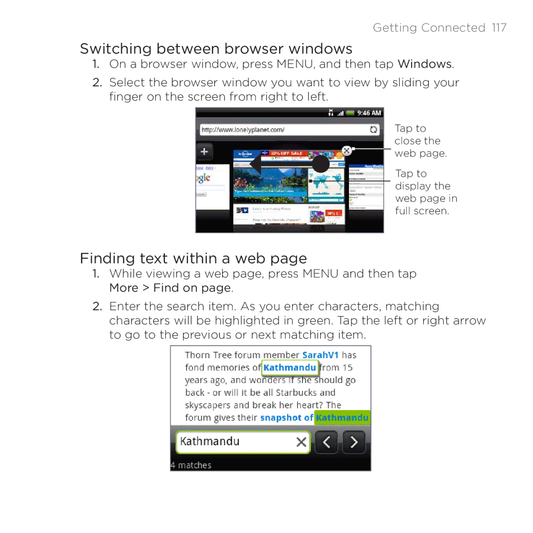 HTC 200 manual Switching between browser windows, Finding text within a web 