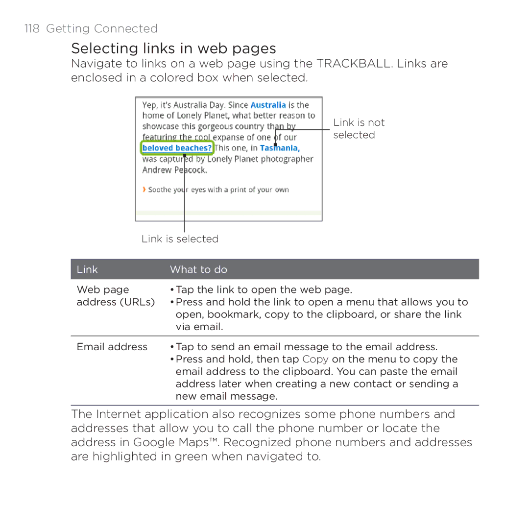 HTC 200 manual Selecting links in web pages, Link What to do 