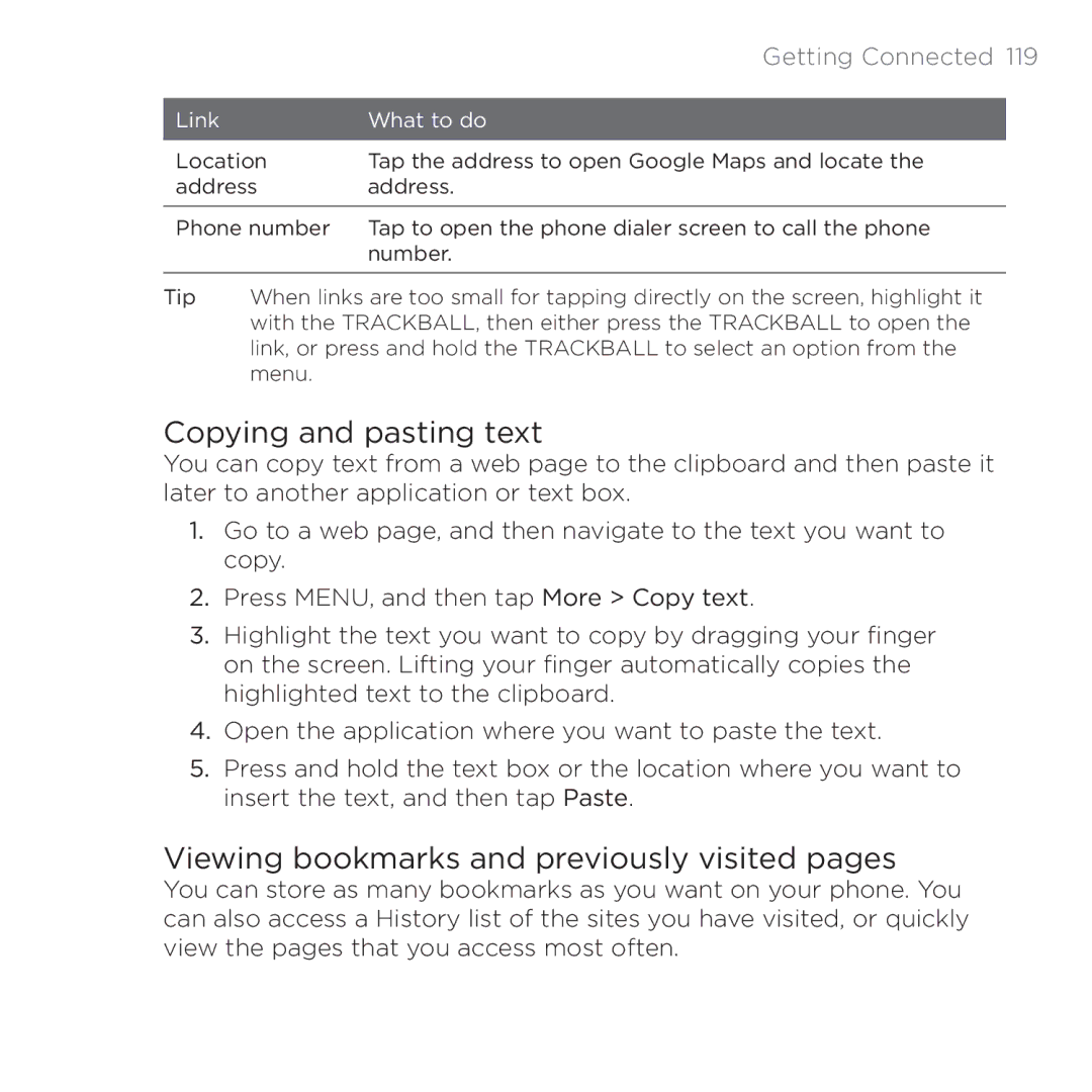 HTC 200 manual Copying and pasting text, Viewing bookmarks and previously visited pages 