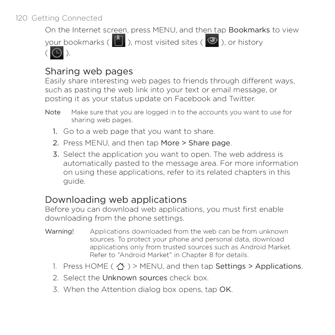 HTC 200 manual Sharing web pages, Downloading web applications 