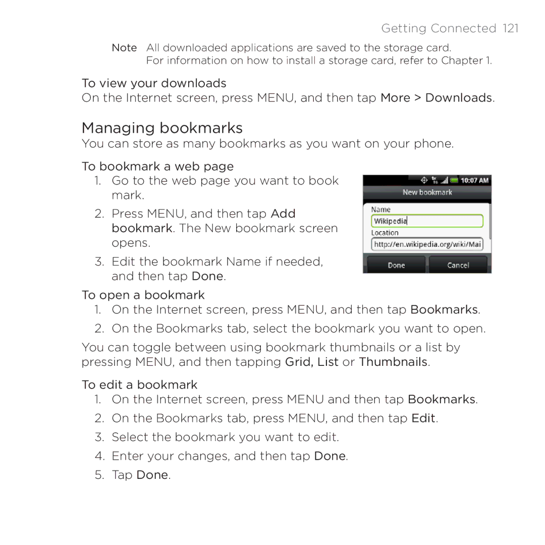 HTC 200 manual Managing bookmarks 