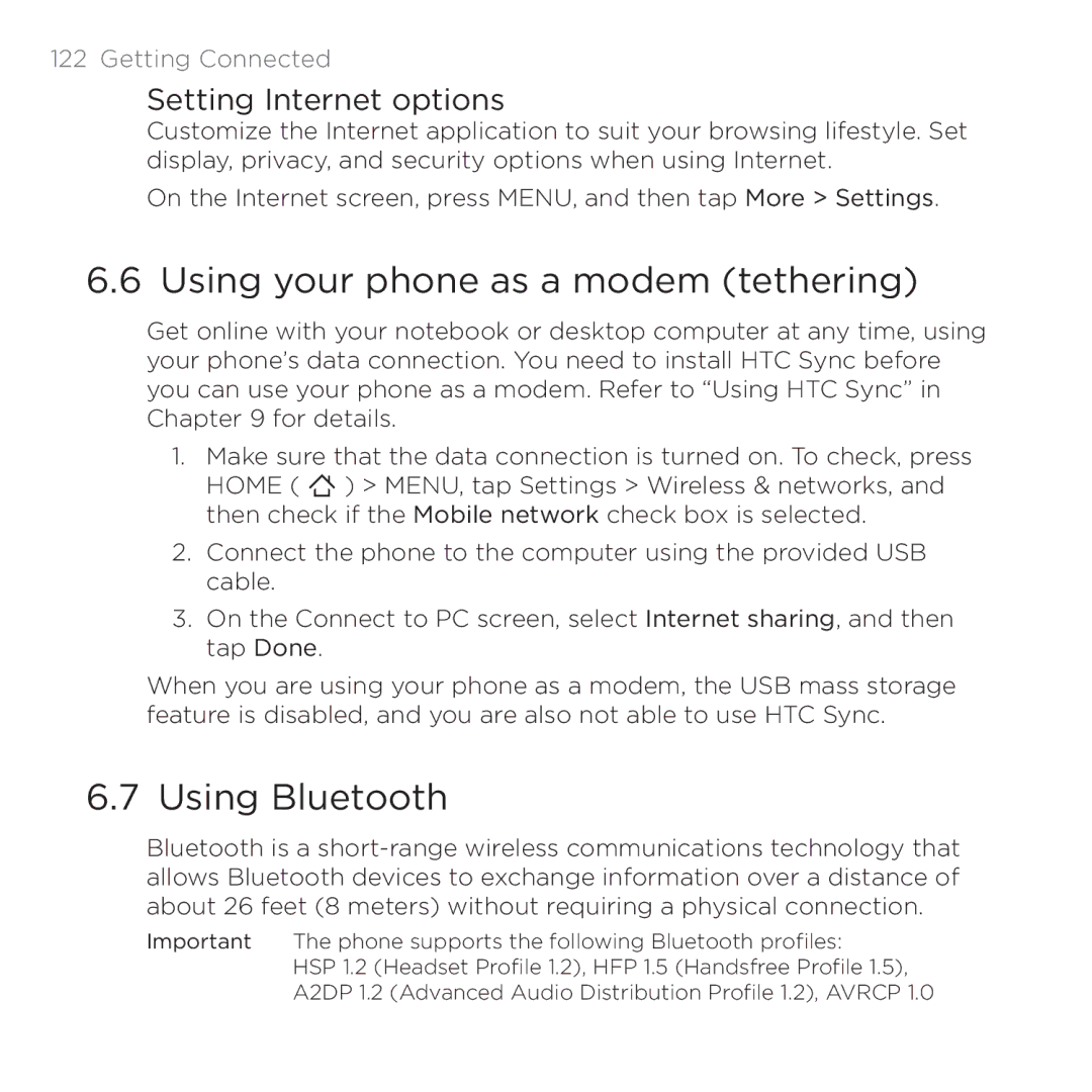 HTC 200 manual Using your phone as a modem tethering, Using Bluetooth, Setting Internet options 