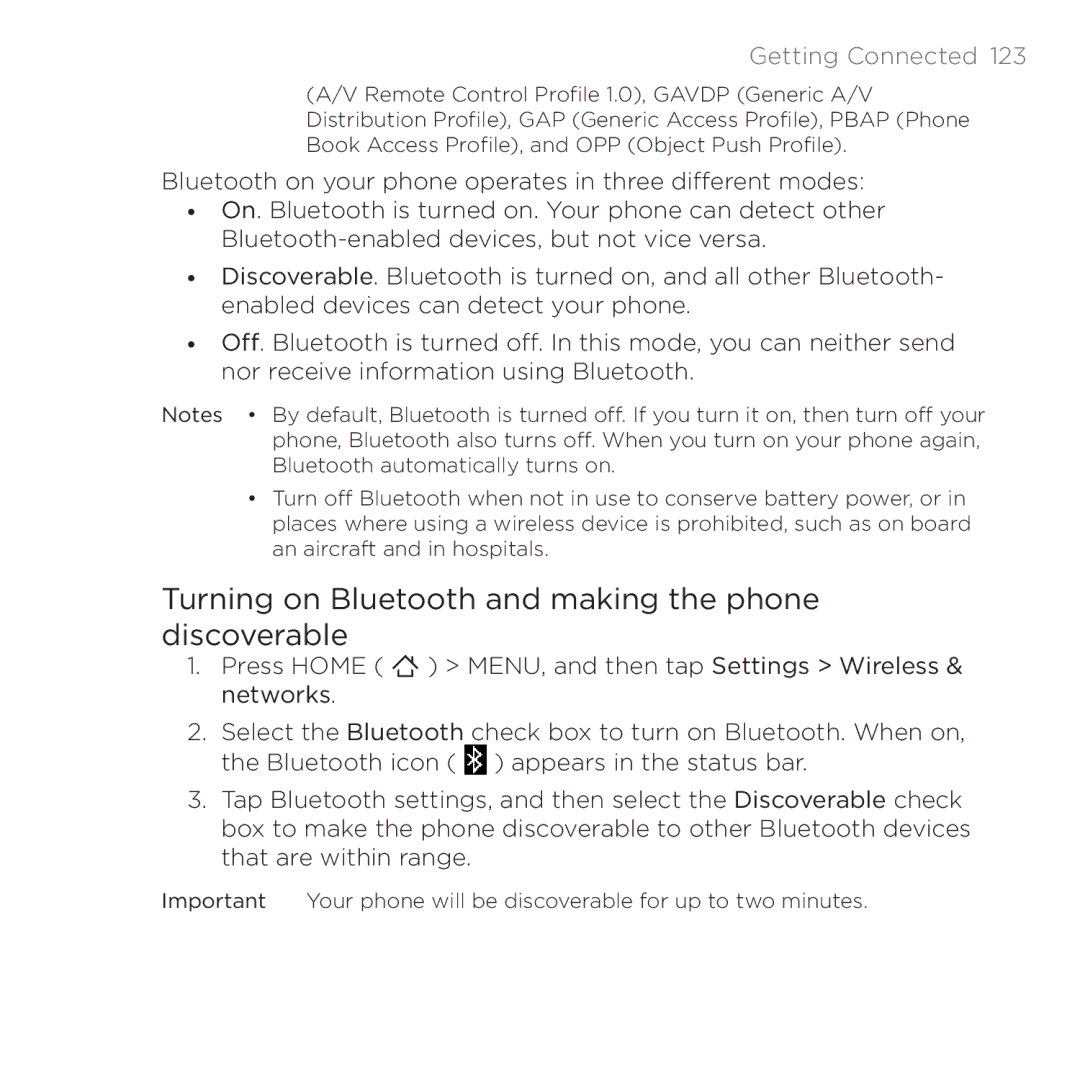 HTC 200 manual Turning on Bluetooth and making the phone discoverable 