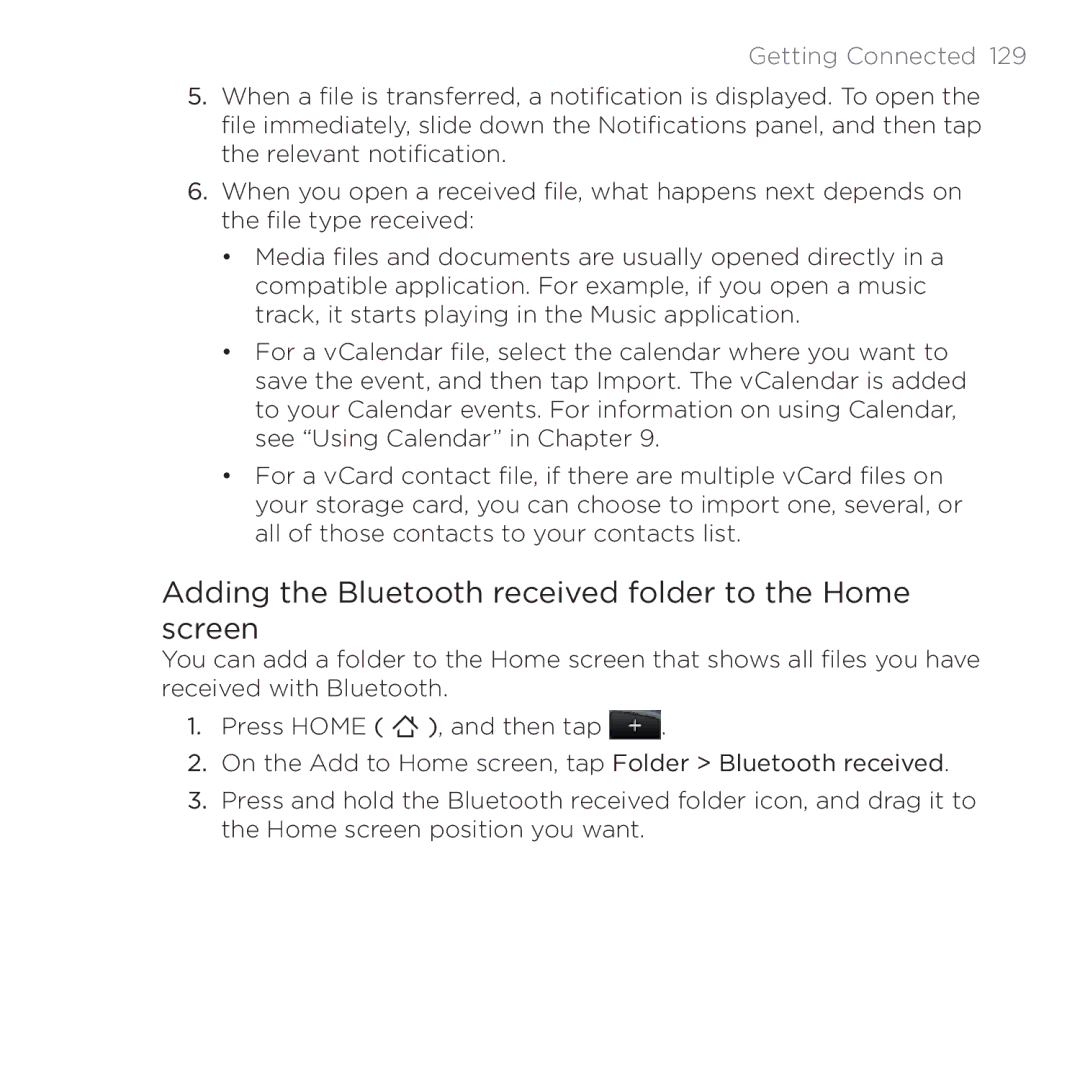 HTC 200 manual Adding the Bluetooth received folder to the Home screen 