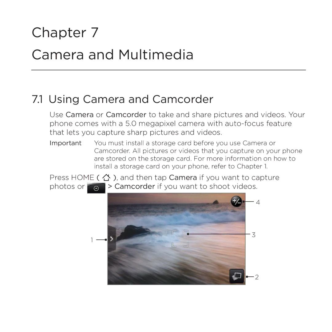 HTC 200 manual Camera and Multimedia, Using Camera and Camcorder 