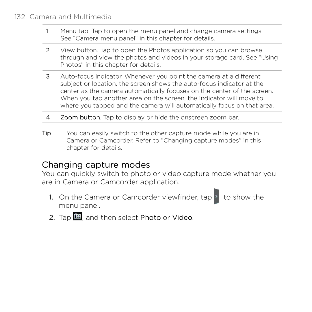 HTC 200 manual Changing capture modes, Camera and Multimedia 