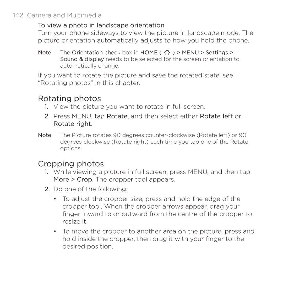 HTC 200 manual Rotating photos, Cropping photos 