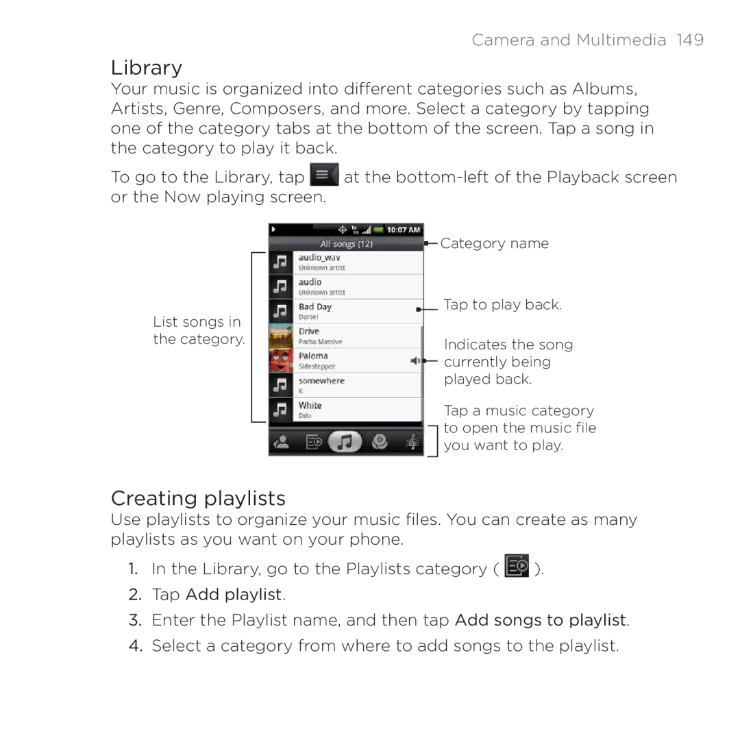 HTC 200 manual Library, Creating playlists 