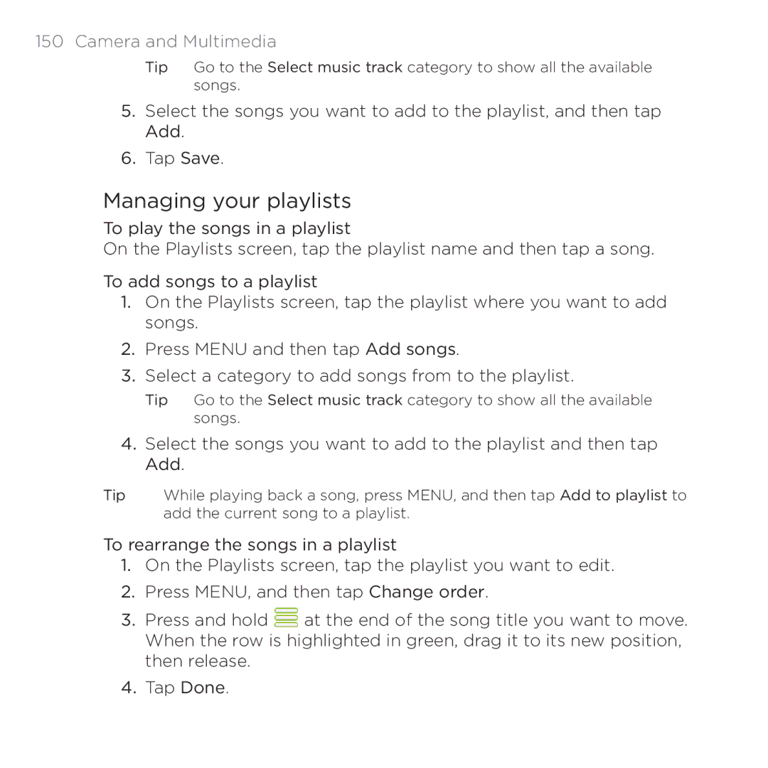 HTC 200 manual Managing your playlists 