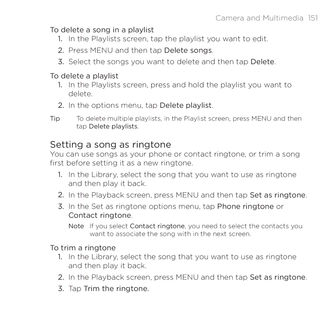 HTC 200 manual Setting a song as ringtone 