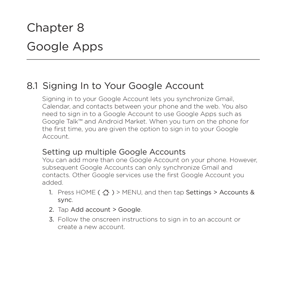 HTC 200 manual Signing In to Your Google Account, Setting up multiple Google Accounts 