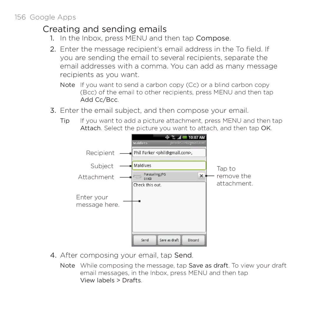 HTC 200 manual Creating and sending emails 