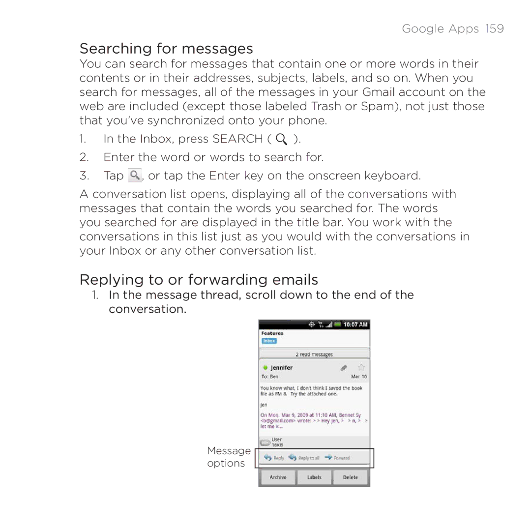 HTC 200 manual Searching for messages, Replying to or forwarding emails 