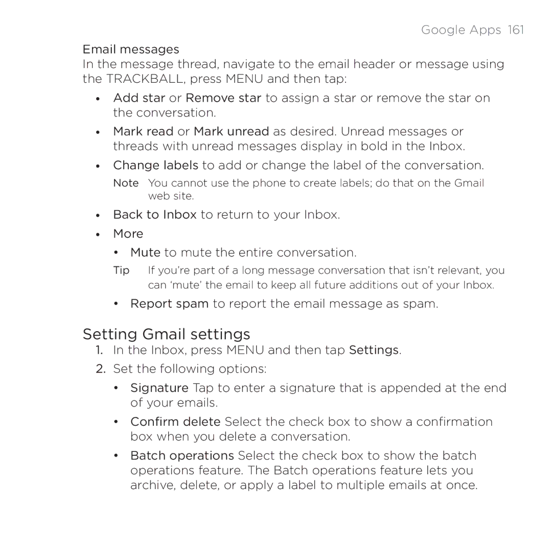 HTC 200 manual Setting Gmail settings 