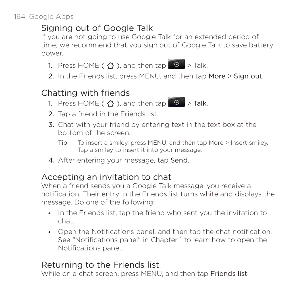 HTC 200 Signing out of Google Talk, Chatting with friends, Accepting an invitation to chat, Returning to the Friends list 