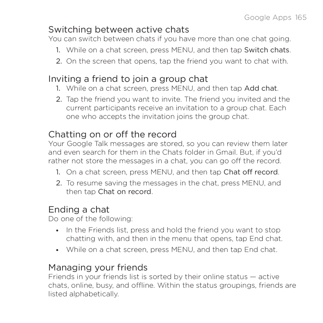 HTC 200 manual Switching between active chats, Inviting a friend to join a group chat, Chatting on or off the record 