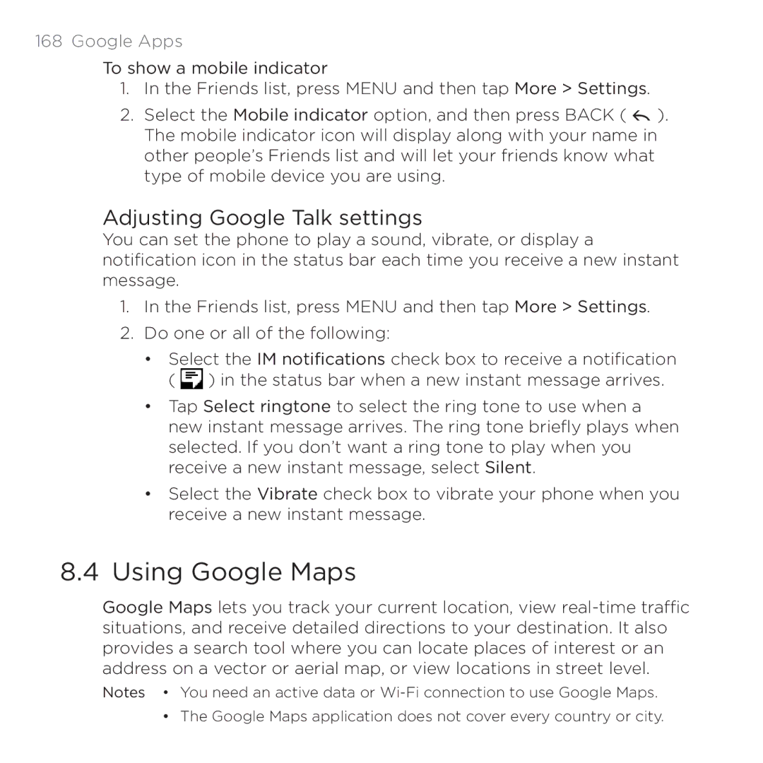 HTC 200 manual Using Google Maps, Adjusting Google Talk settings 